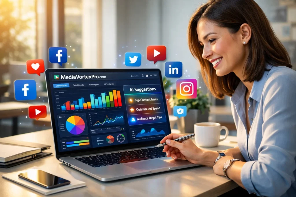 MediaVortexPro dashboard on laptop