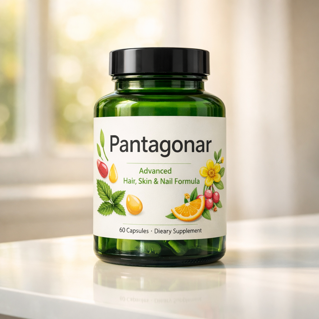Pantagonar green supplement bottle in soft natural light.